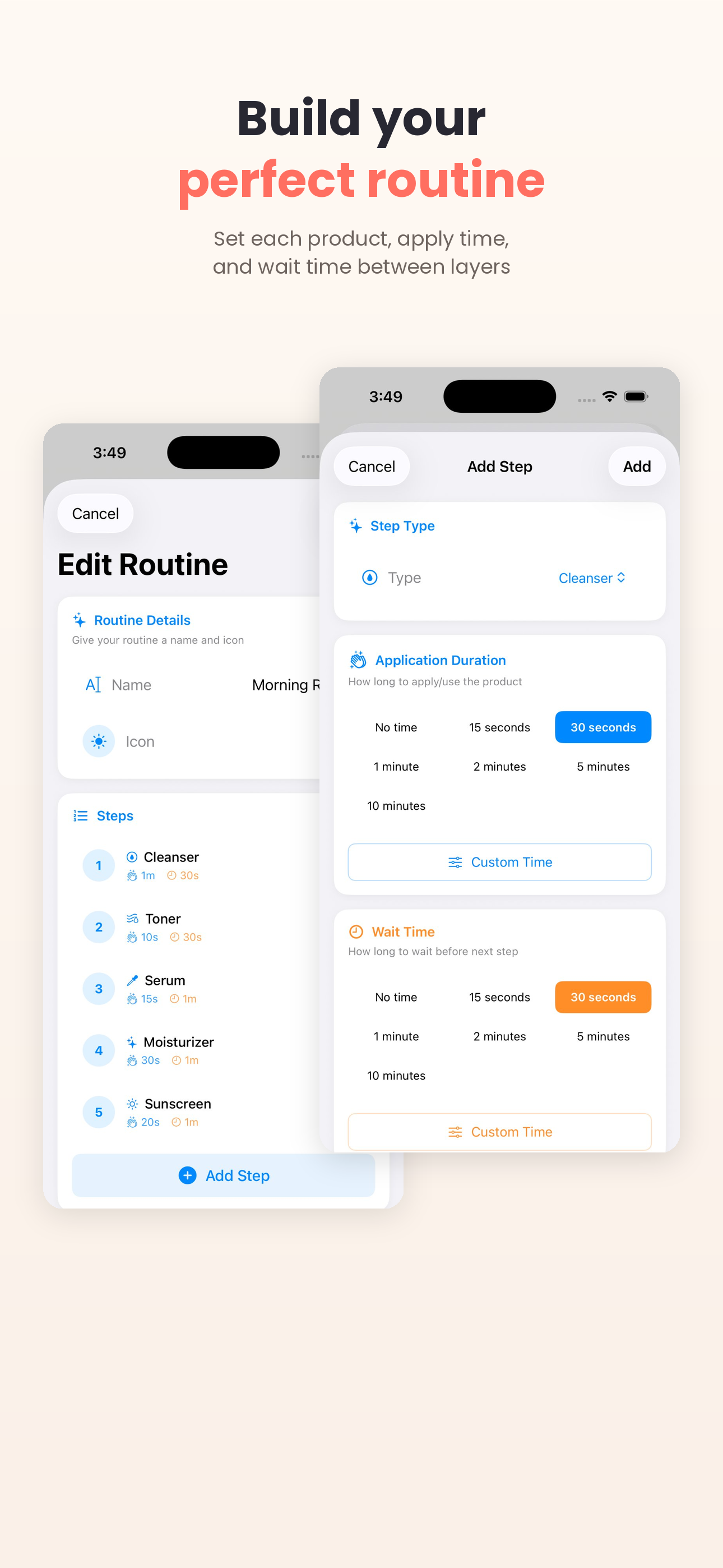 Routine builder interface with custom skincare steps