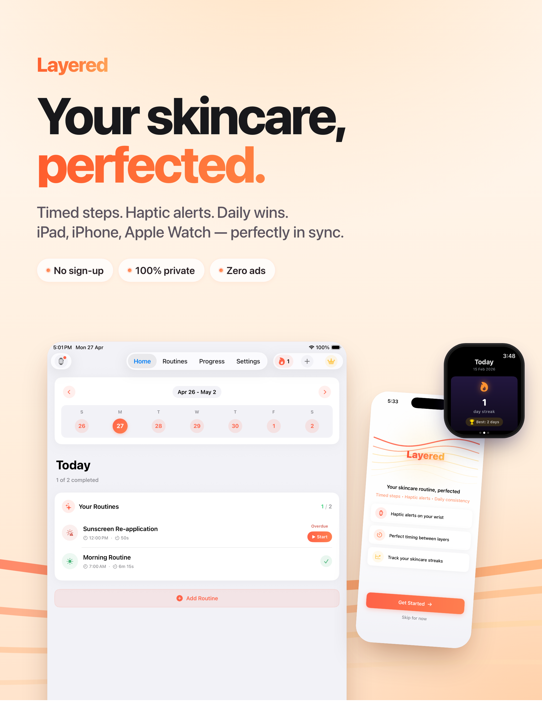 Layered Skincare on iPad showing routines, streaks, and timer in a wide adaptive layout