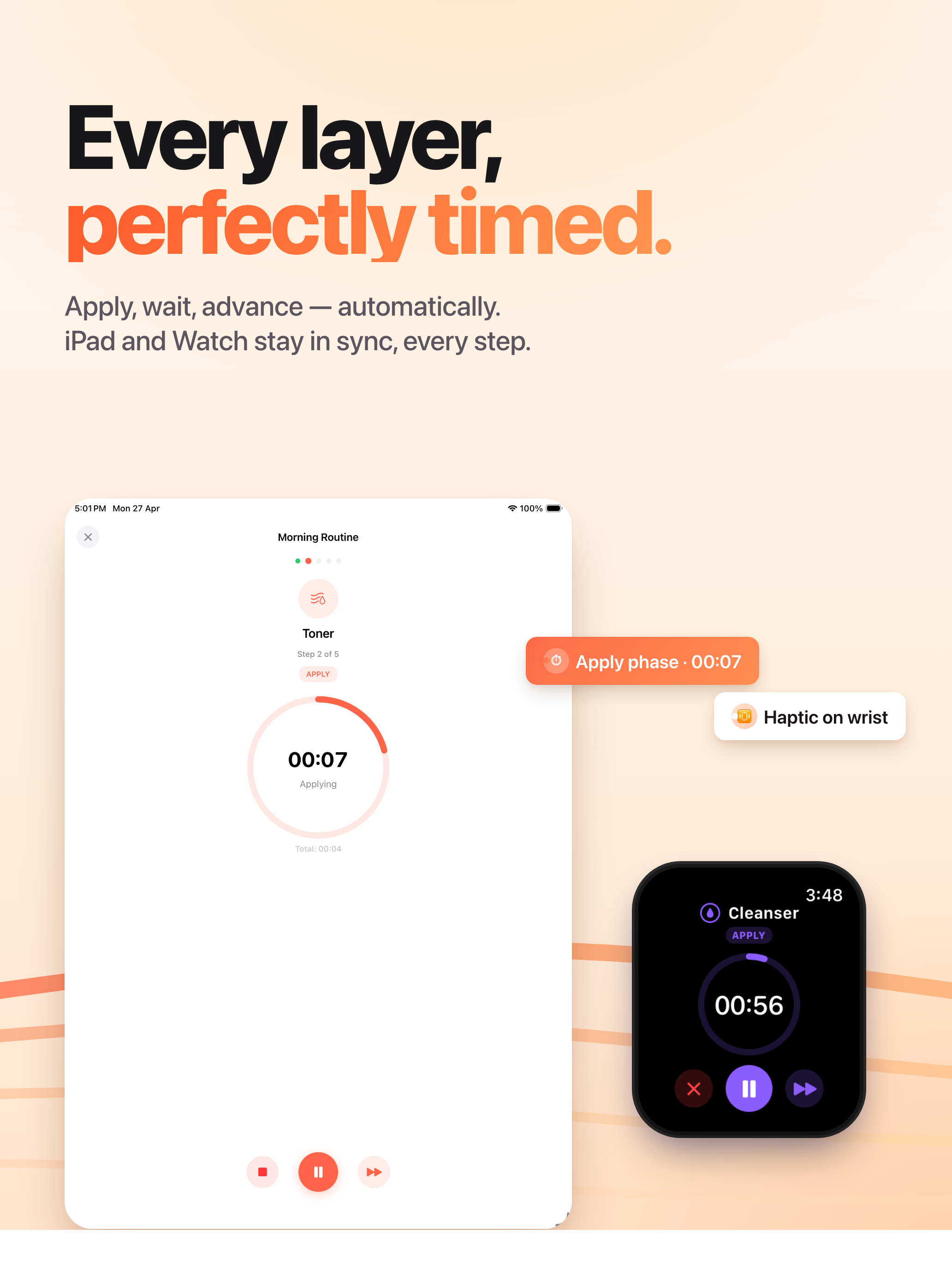 Skincare timer on iPad with large readable apply and wait phases