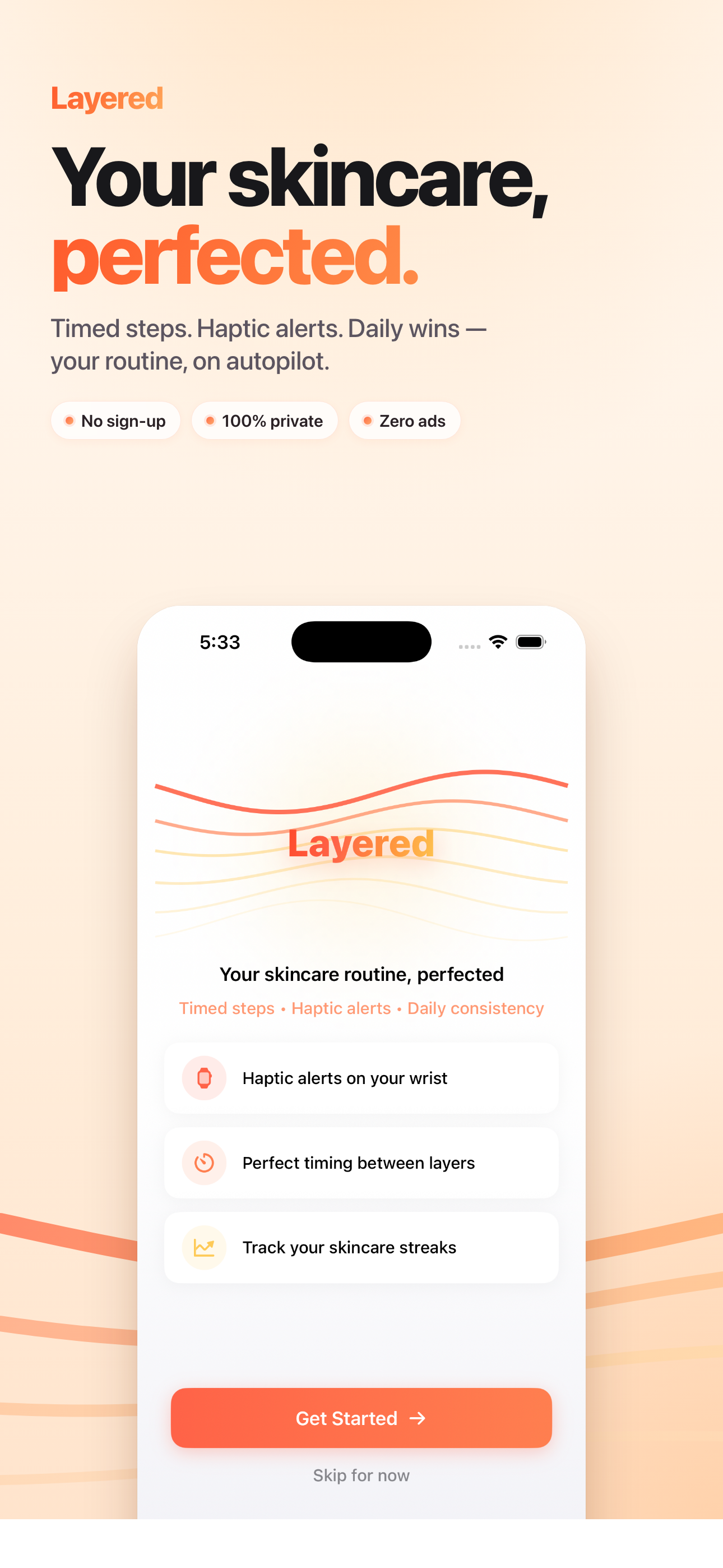 Layered Skincare home screen on iPhone showing today's skincare routines and streak