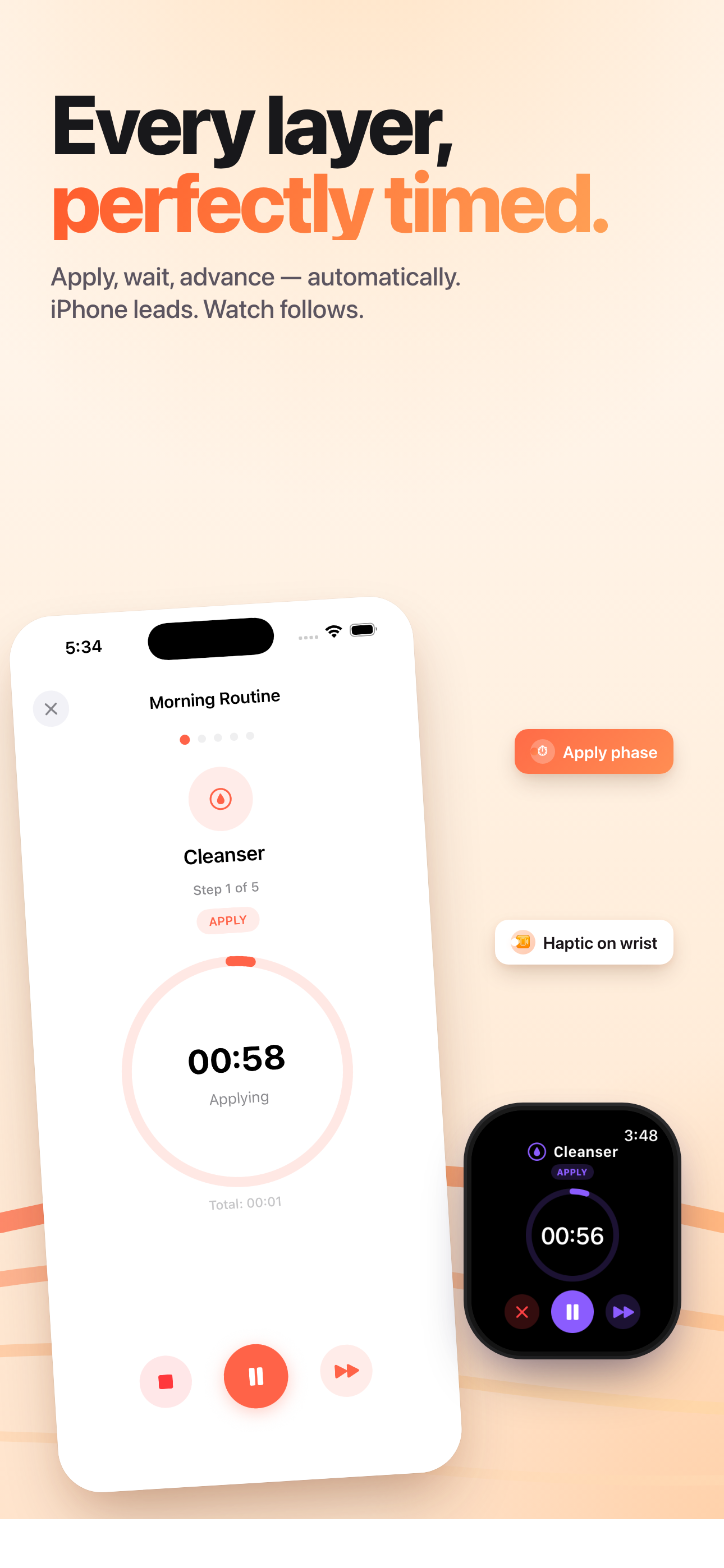 Layered Skincare timer screen on iPhone with apply and wait phases
