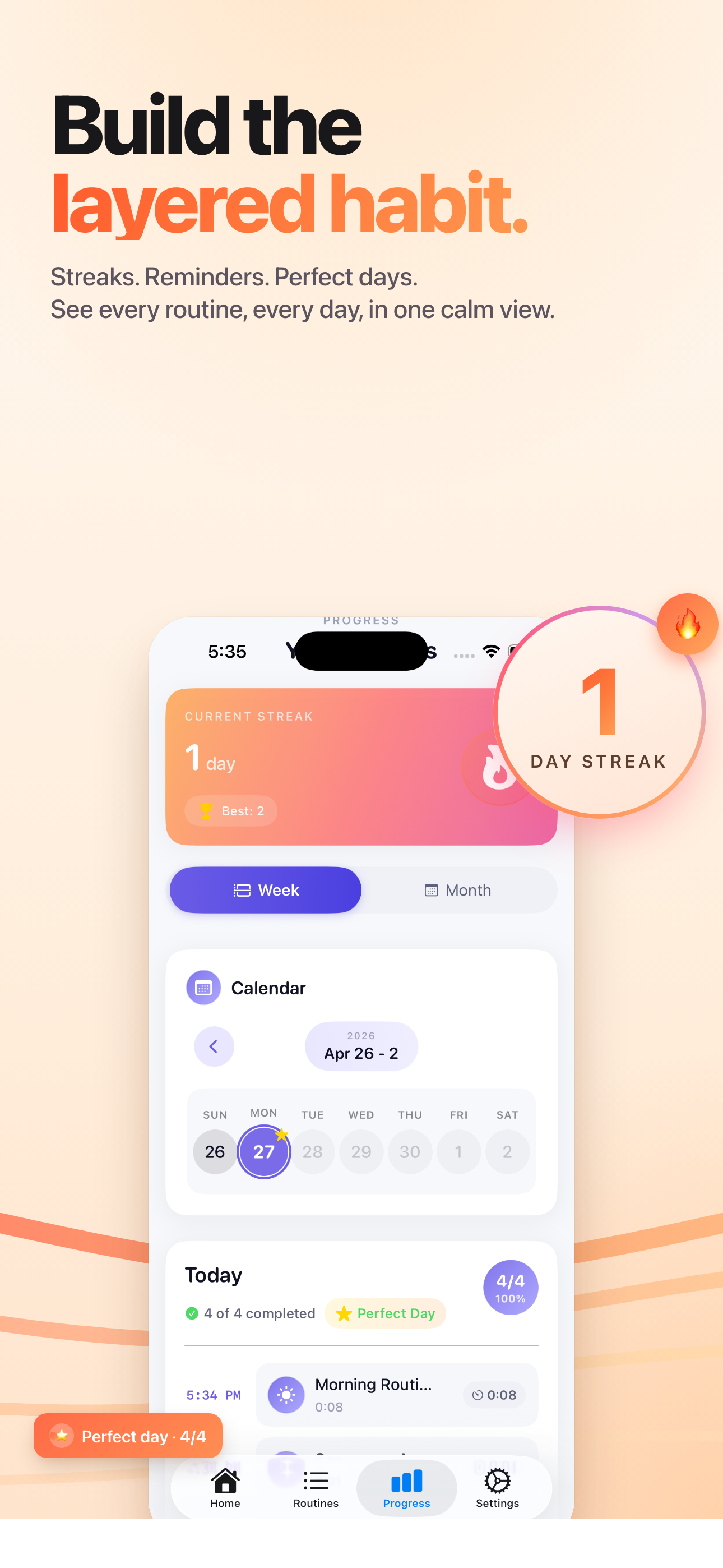 Layered Skincare habit and streak calendar on iPhone