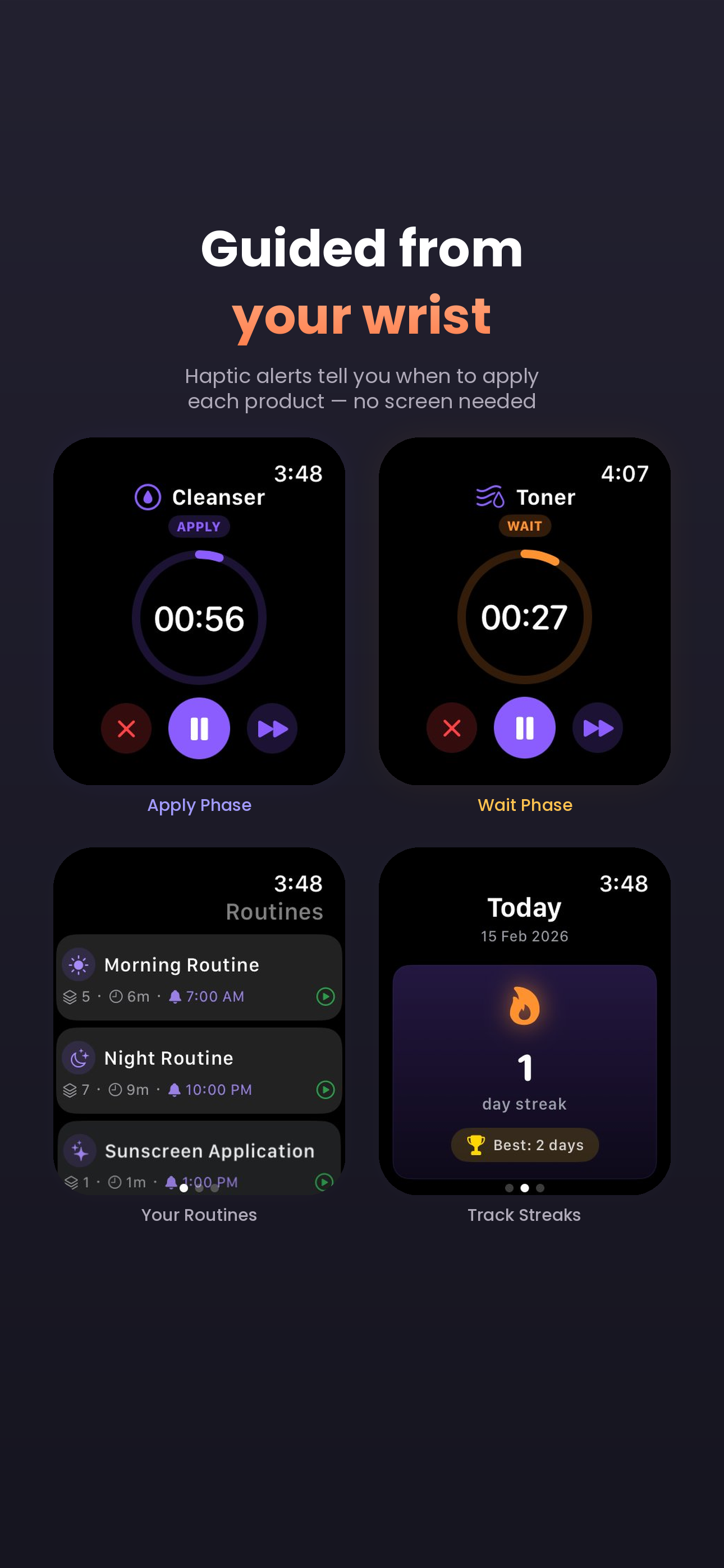 Apple Watch showing skincare timer with haptic feedback